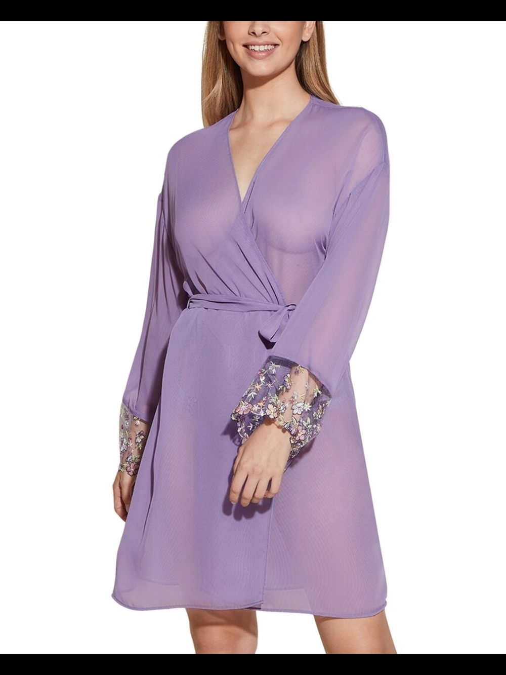 Cosabella Lavender Sheer Wrap Robe with Floral Embroidered Cuffs
